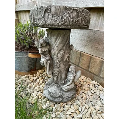 Image of Fairy Bird Bath Stone Statue Outdoor Vintage Feeder Angel Garden Ornament