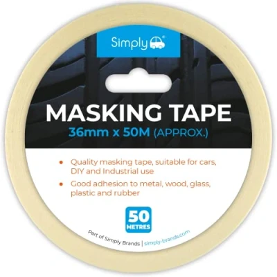 Image of Simply Auto 36mmx50m Masking Tape Adhesive Ideal For Painters, Decorators, Professionals and DIY Use. 36mm Wide, 50m roll.