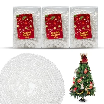 Image of 3x Pearl White 10M Christmas Bead Chains, Luxury Plastic Garland for Xmas Tree Hanging Ornaments, Shiny Shatterproof Garland, Home, Window, Party and Wedding Décor