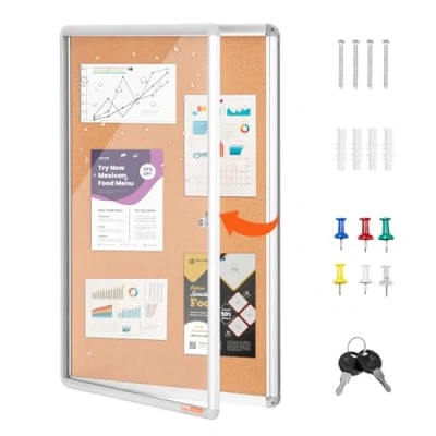 Image of VEVOR 36&quot;x24&quot; Enclosed Cork Board with Aluminum Frame Lockable Bulletin Acrylic Door &amp; 2 Keys Weather Resistant Wall Display Case for School, Home, Office