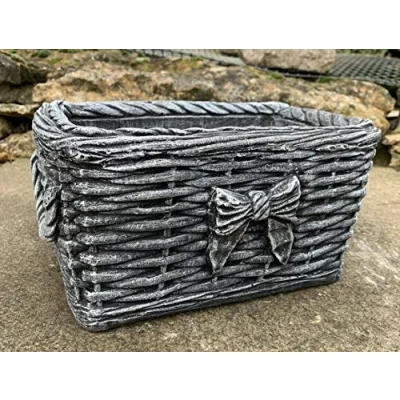 Image of STONE GARDEN BLACK/WHITE WICKER BASKET PLANTER PLANT POT ORNAMENT