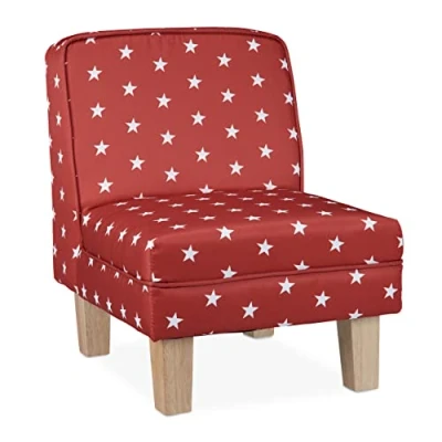 Image of Relaxdays Armchair, Star Motif, Mini Chair for Children&#039;s Room, with Wooden Feet, HWD: 60 x 45 52 cm, Red, Polyester