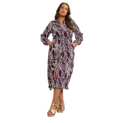Image of EVANS Curve Linear Print Belted Shirt Dress Women&#039;s Plus Size Purple