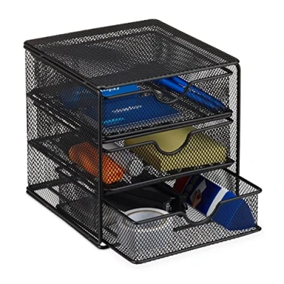 Image of Relaxdays Desk Organizer, Metal Mesh Storage Box, File Sorter, Stationery Office Tray, 17x16x17 cm