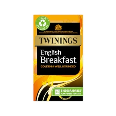 Image of Twinings English Breakfast Black Tea Golden, Well Rounded &amp; Full Bodied, 40 Biodegradable Bags