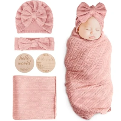 Image of DRESHOW Newborn Baby Blanket Soft Swaddle Blankets for Infant Swaddling Receiving Warm Wraps with Bow Hat Headband