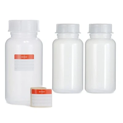 Image of 3x Wide Neck Bottles Made of LDPE with Screw Closure, Chemical Bottle, Laboratory Bottle Lid as Storage Container for Laboratory, Kitchen or Hobby, transparent, 1000 ml