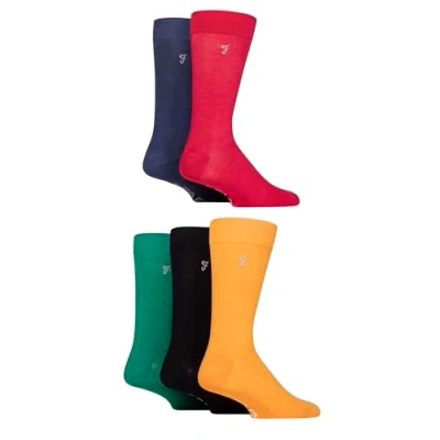 Image of Mens 5 Pair Farah Plain, Striped and Patterned Everyday Bamboo Socks Plain Red / Purple Yellow 6 11