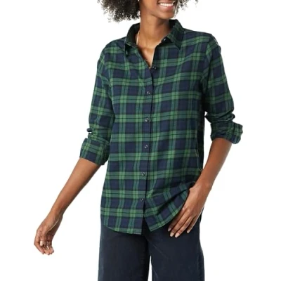 Image of Amazon Essentials Women&#039;s Classic Fit Long Sleeve Lightweight Plaid Flannel Shirt, Dark Green Navy Medium Plaid, L