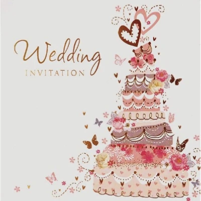 Image of Pack Of 6 Wedding Day Card Invitations &amp; Envelopes Pink Cake Butterflies
