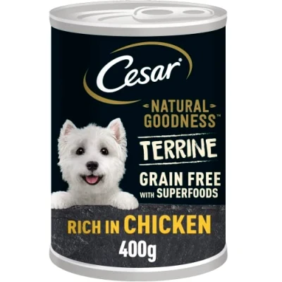 Image of Cesar Natural Goodness Wet Dog Food for Adult Dogs Cans with Chicken and Vegetables in Loaf 6 x 400 g