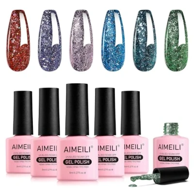 Image of AIMEILI 6 Colors Christmas Glitter Gel Nail Polish Shiny Chunky Soak Off U V Sparkly Art Manicure Varnish Set 8ml Gift Kit 57
