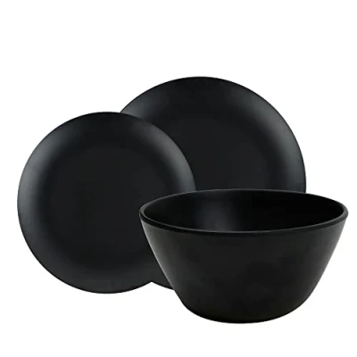 Image of Leisurewize 12 Piece Matt Black Melamine Dinner Set, 4 Plates Side Bowls Lightweight, Heat Resistant, Dishwasher Freindly Camping Motorhome Travel Cookery