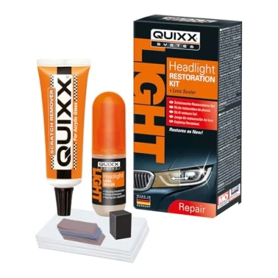 Image of QUIXX QHRK1 Reliable Car Headlight Restoration Kit to Increase Safety and Can Prevent MOT Failure, Includes Polish, Sealing, Sanding &amp; Polishing Block, Abrasive Papers Polish Cloths