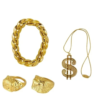 Image of Lizzy Golden Dollar Necklace Chain + Bracelet Ring 90s 70s Hip Hop Halloween Fancy Dress Fashion Gangster Costume Accessory Mens Adult