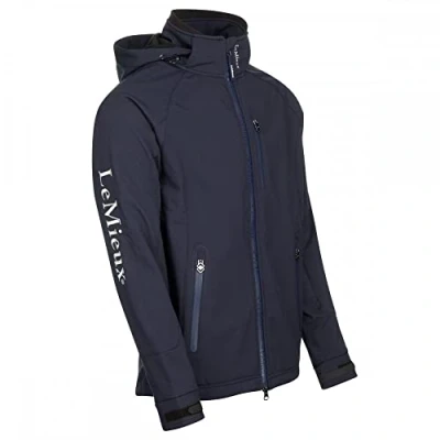 Image of LeMieux Mens Elite Soft Shell Jacket in Navy 2 Way Zip Lightweight Detachable Hood Adjustable Cuffs X Small