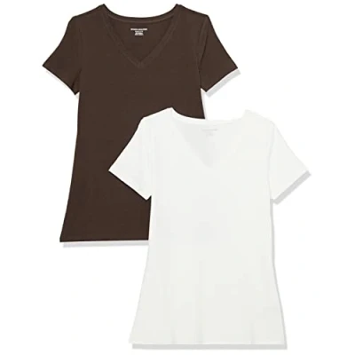 Image of Amazon Essentials Women&#039;s Classic Fit Short Sleeve V Neck T Shirt, Pack of 2, Espresso/White, L