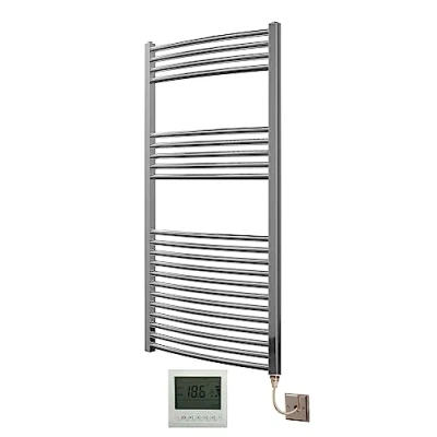 Image of Greened House Electric Chrome 600W x 1200H Curved Towel Rail + Timer and Room Thermostat