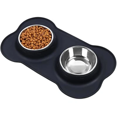 Image of VIVAGLORY Small Dog Bowls Stainless Steel Cat Puppy Water and Food Bowl with Non Spill Skid Resistant Silicone Mat, 185ml Each, Black