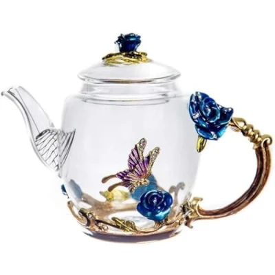 Image of YBK Tech Enamel Glass Teapot in Gift Box, Small for Kung Fu Tea (Blue Rose)