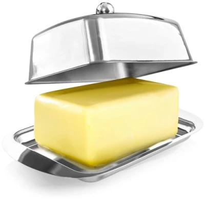 Image of COM FOUR® stainless steel butter dish large with lid and handle dishwasher safe container knob (silver colored knob)