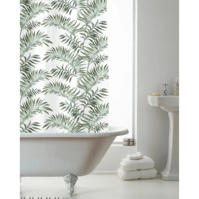 Image of Green Leaf Pattern Shower Curtain with Hooks PEVA 180x180cm