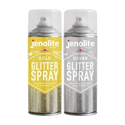Image of JENOLITE Glitter Spray Paint Gold &amp; Silver In Clear Sealant 2x400ml Lacquer With Fine Multi Surface Ideal for Picture Frames, Mirrors, Ornaments Crafting