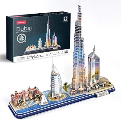 Image of CubicFun 3D Puzzles for Kids Adults LED Dubai City Architecture Model, Atlantis The Palm Dubai, Burj Al Arab Jumeirah Hotel, Khalifa, Emirates Towers Jigsaw Birthday Gifts Boys Girls