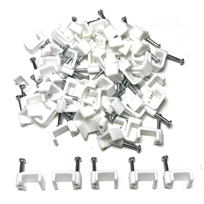 Image of White Plastic Flat Electrical Wire Cable Clips TV Phone Internet Lead Fixings 14mm 50 Pieces