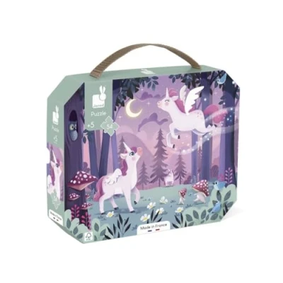 Image of Janod 54 Piece Puzzle Unicorn Theme Fine Motor Skills and Concentration Educational Game Handle Case Made in France FSC Certified Vegetable Inks From 5 years, J02555