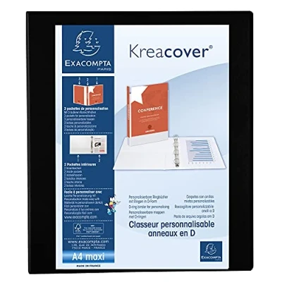 Image of Exacompta ref. 51846NE 1 customizable rigid opaque binder with 3 pockets 4 D rings of 25 mm Spine 47 External dimensions: 32 x 27.7 cm Format to be filed A4 Maxi Colour: black