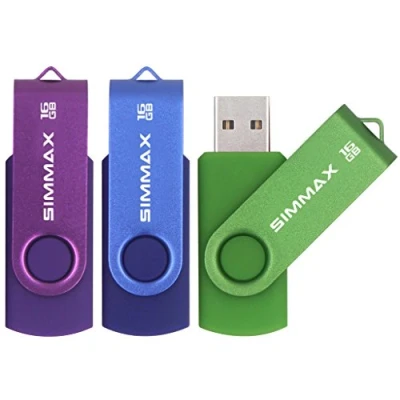 Image of SIMMAX USB Flash Drives 3 Pack 16GB Memory Stick Swivel Design 2.0 Drive Thumb Zip (16GB Purple Blue Green)