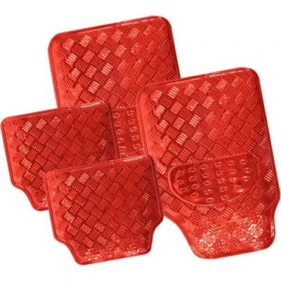 Image of 4pc Heavy Duty Alloy Checker Chrome Plate Mat Aluminium Effect Car Mats Set Van All Weather With Rubber Backing Fits Long Lasting (Red)