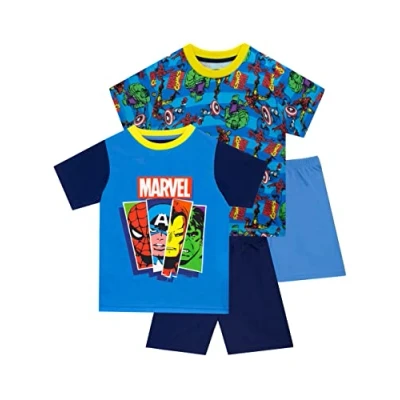 Image of Marvel Avengers Pyjamas 2 Pack Boys Iron Man, Captain America, Spiderman Kids Superhero PJs Multicoloured Age 8 to 9 Years