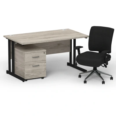 Image of Impulse 1400 Black Cant Desk Grey Oak + 2 Dr Mobile Ped &amp; Chiro