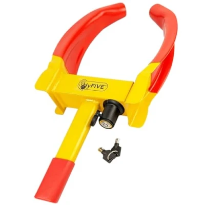Image of Hyfive Universal Vehicle Wheel Clamp, Heavy Duty Car Lock to Secure Cars,Trailers, Caravans and Motorhomes from Theft Bright Neon Red Security
