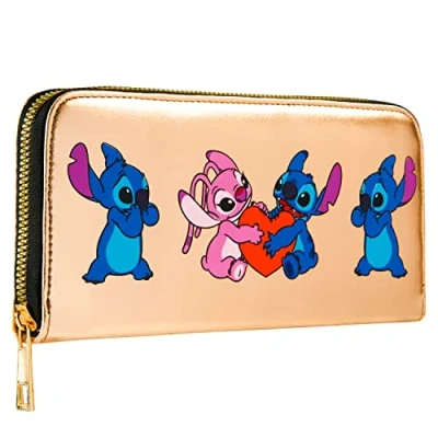 Image of Disney Stitch Purse for Women Teenagers Girls, Zip Around Coin with Card Slots, Travel Wallet Gifts (Gold Stitch)