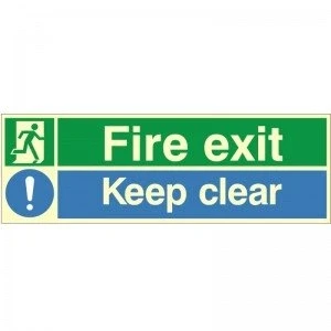 Image of Glow In The Dark Fire Exit Keep Clear Multi Sign 300mm x 100mm Self Adhesive