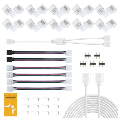 Image of REDTRON LED Strip Connectors Kit, 10mm RGB Light Connector Includes 10x L Shape Connectors,2M Extension Cable,4X to Jumpers,5X 4 Pin Male