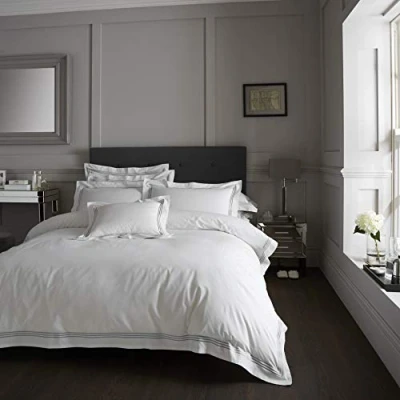 Image of EHD Devore Embroidered Border Designer Style Luxury Duvet Cover Sets Hotel Quality Reversible Bedding (White With Grey Border, Single)