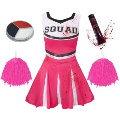 Image of Girls Halloween Zombie Cheerleader Fancy Dress Costume &amp; Accessories Kids Pink Cheer Outfit Including: Short Dress, 2x Pom Poms, Fake Blood Face Paint Size: Small