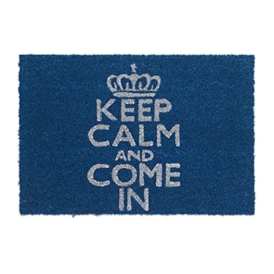 Image of Relaxdays Natural Coconut Fibre Coir Doormat &quot;Keep Calm And Come In&quot; Door Mat Welcome w/ Anti Slip Rubber PVC Underside, Blue