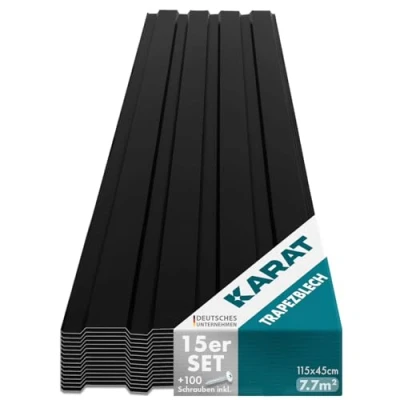 Image of KARAT Metal Roofing Sheets 115 x 45 cm (Pack of 15) 7.7 m² Corrugated Roof Sheeting Plates Cladding for Garage, Shed, Carport and Greenhouse, Galvanised Coated, Black (incl. 100x Screws)