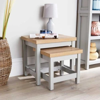 Image of Home Source Oak Top Coffee Nest of 2 Occasional Side End Tables Stackable Avon, MDF, Grey