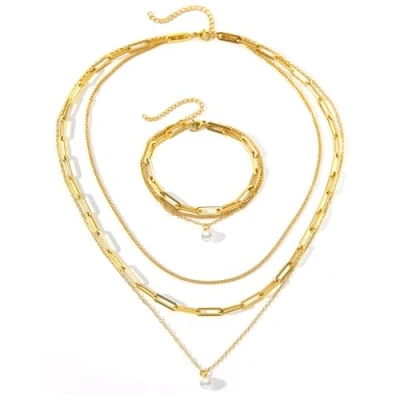 Image of TTPSRY Jewellery Sets for Women Triple Chain Imitation Pearl Necklace and Bracelet Set Individuality Ideal Everyday Party Wear(Gold)