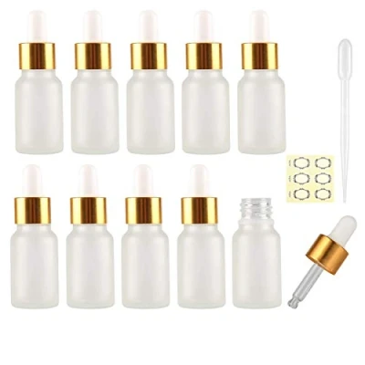 Image of Alledomain 10Pcs, 10ml Frosted Glass Bottles with Dropper Pipettes, Mini Empty Gold Aluminum Alloy Cap Refillable Sample Container for Essential Oils/Massage Oils/Chemical Liquid
