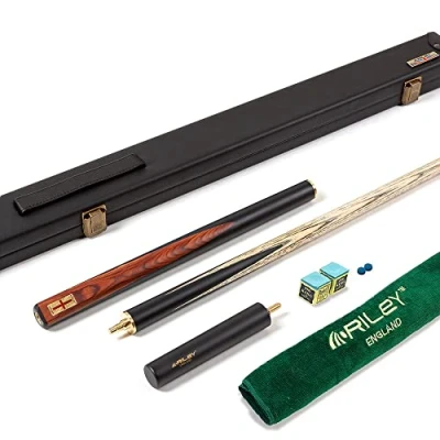 Image of Riley England 3 Piece Snooker Cue &amp; Hard Case 3/4 Cut Hand Spliced Ebony Butt 145cm North American Ash Shaft with 9.5mm Tip Includes 15cm Extension Accessory Pack (RES 2 Design)