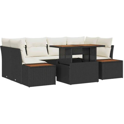 Image of vidaXL 7 Piece Garden Dining Set with Cushions Black Poly Rattan Acacia