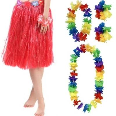 Image of Quickdraw Hawaiian Lei Hula Grass Skirt With Flower Garlands Fancy Dress Costume 5 Piece Aloha Summer Party Set (Red)