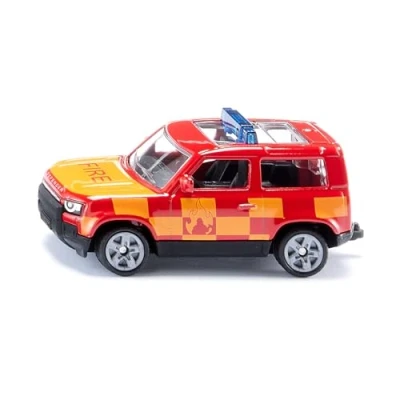 Image of siku 1568 Land Rover Defender Fire Brigade, Toy Car, Metal/Plastic, Red/Yellow, Tow Hitch, Rubberised Tyres, Blue Light Bars